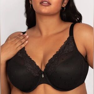 Curvy Couture Sheer Whisper Plunge T-Shirt Bra, NWT, 40H, Black Onyx Polka Dot